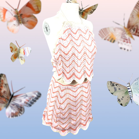 Women’s Crochet 2 Piece Set Skirt Cropped Top Backless Pink Orange Beige New WT - Picture 13 of 16